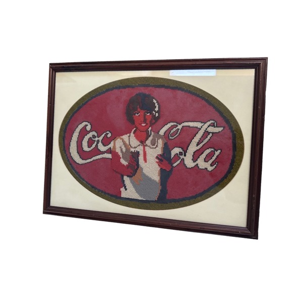 Vintage Coca Cola Needlepoint Art Framed Mid Century 1950s 1970s Wall Decor - Picture 2 of 5